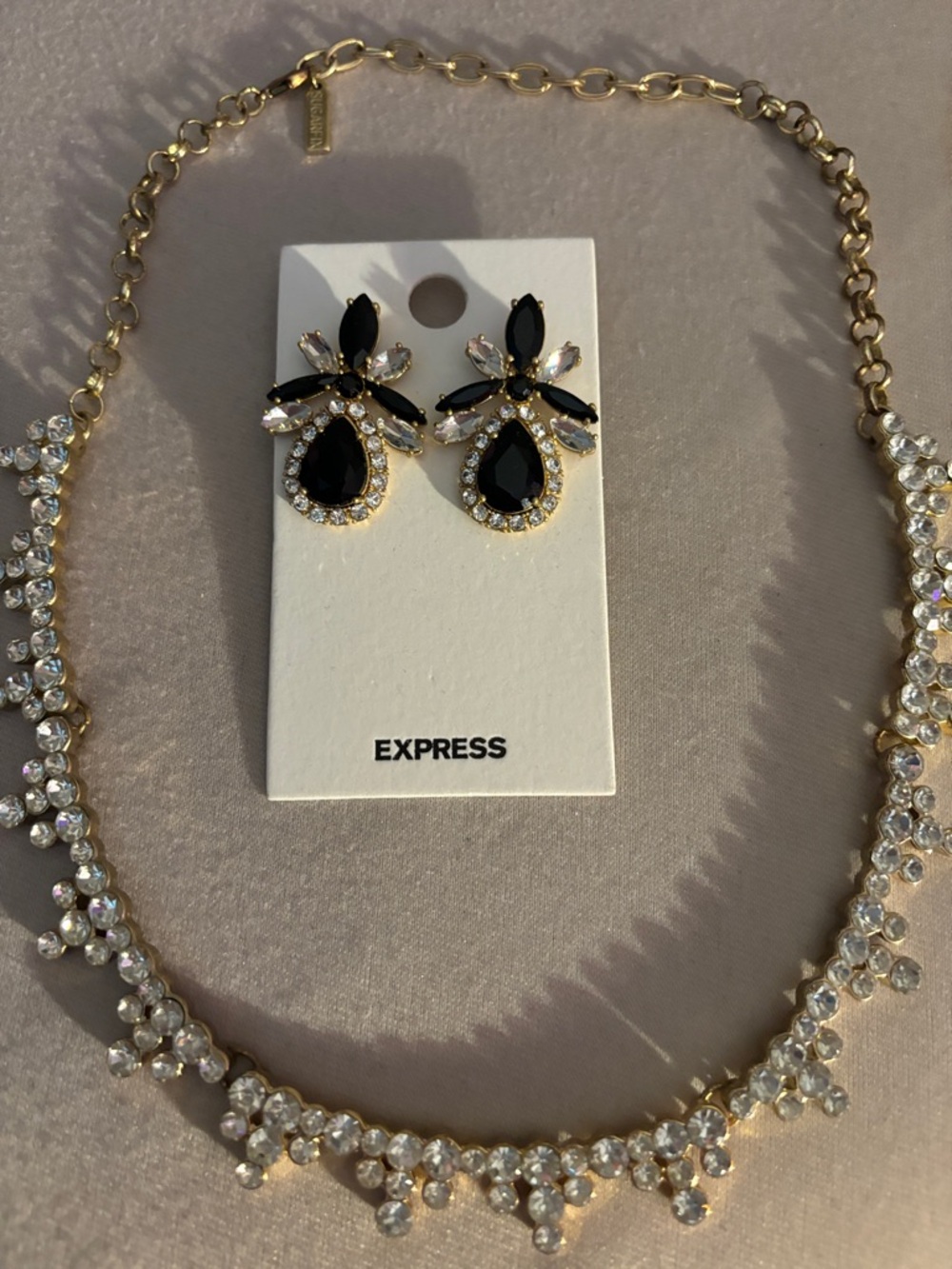 Express Gold-Tone Black and Clear Crystal Drop Earrings